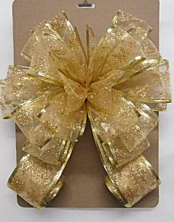 Gold Sheer Bow with Gold Glitter Snowflakes