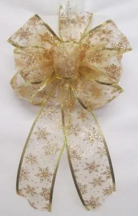Gold Sheer Bow with Gold Glitter Snowflakes