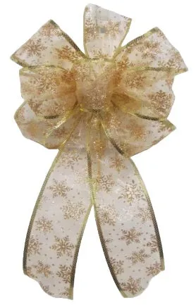 Gold Sheer Bow with Gold Glitter Snowflakes