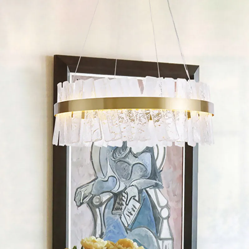 Gold Textured Crystal Pendant Light - Oval LED Chandelier for Contemporary Hangings