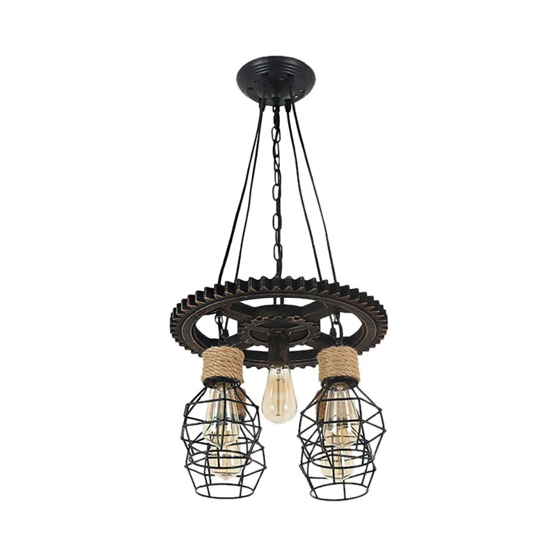 Industrial Black Metal and Rope Pendant Chandelier - Stylish Dining Room Hanging Ceiling Fixture with Shelf