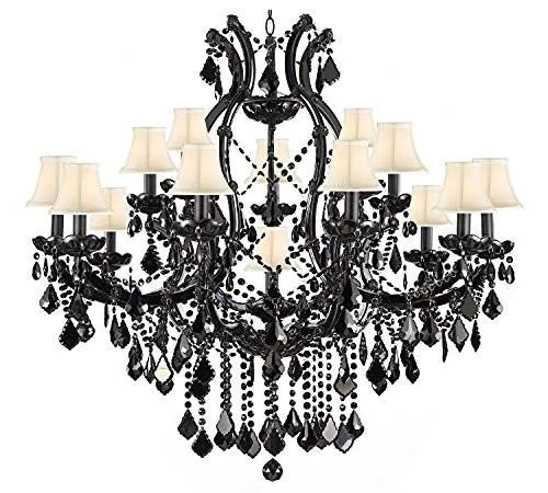 Jet Black Chandelier Crystal Lighting Empress Crystal (Tm) Chandeliers H38" X W37" With White Shades - A83-Whiteshades/BLACK/21510/15 1