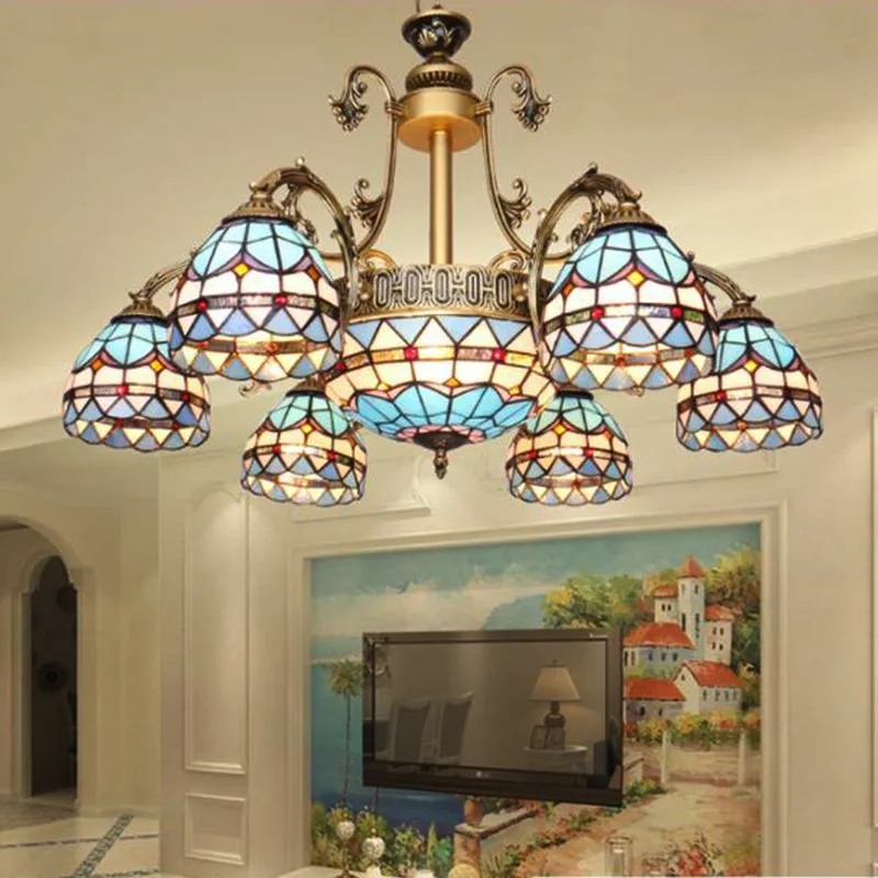 Mediterranean Dome Stained Glass 9/11 Lights Chandelier in Blue - Elegant Hanging Lamp Fixture