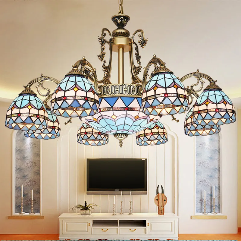 Mediterranean Dome Stained Glass 9/11 Lights Chandelier in Blue - Elegant Hanging Lamp Fixture