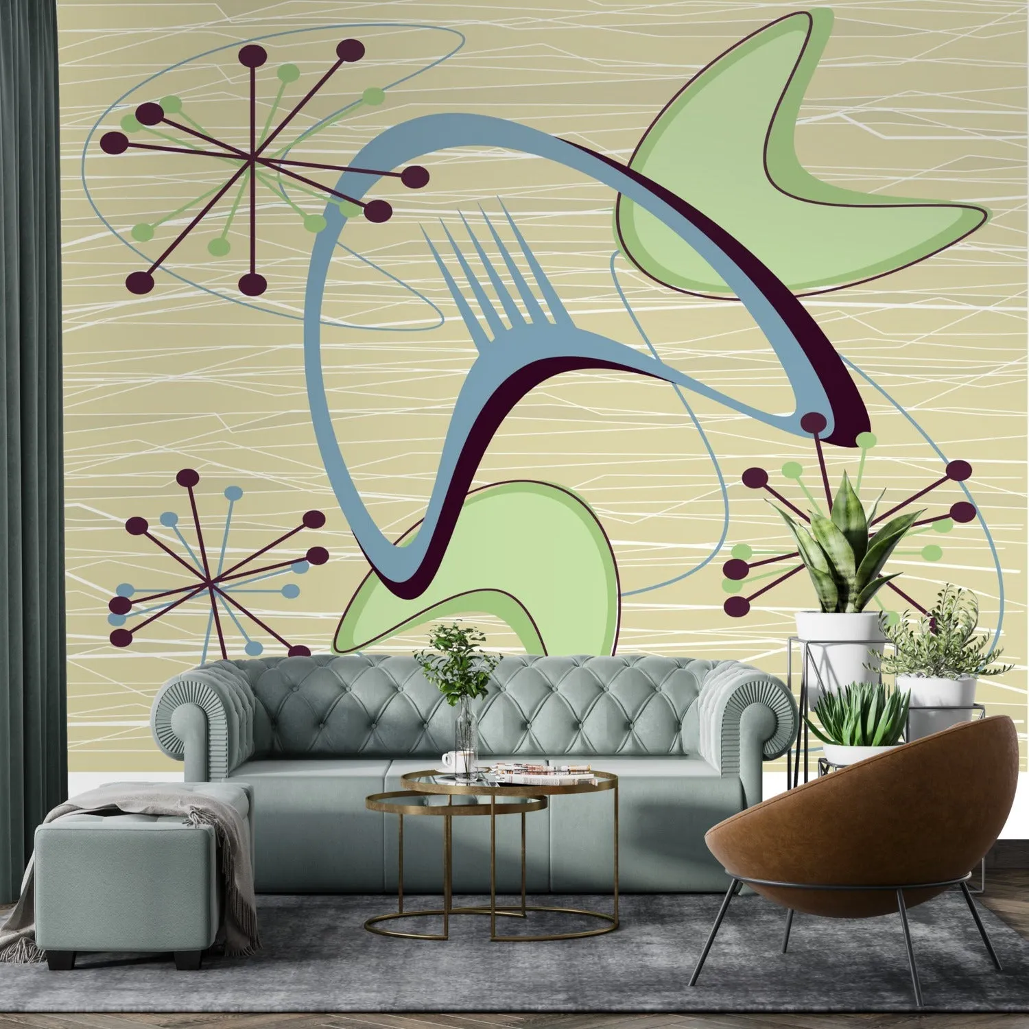 Mid Century Modern Boomerang Wall Mural, Retro Atomic Starburst Peel and Stick Wallpaper, Green Blue Beige 50s Decor