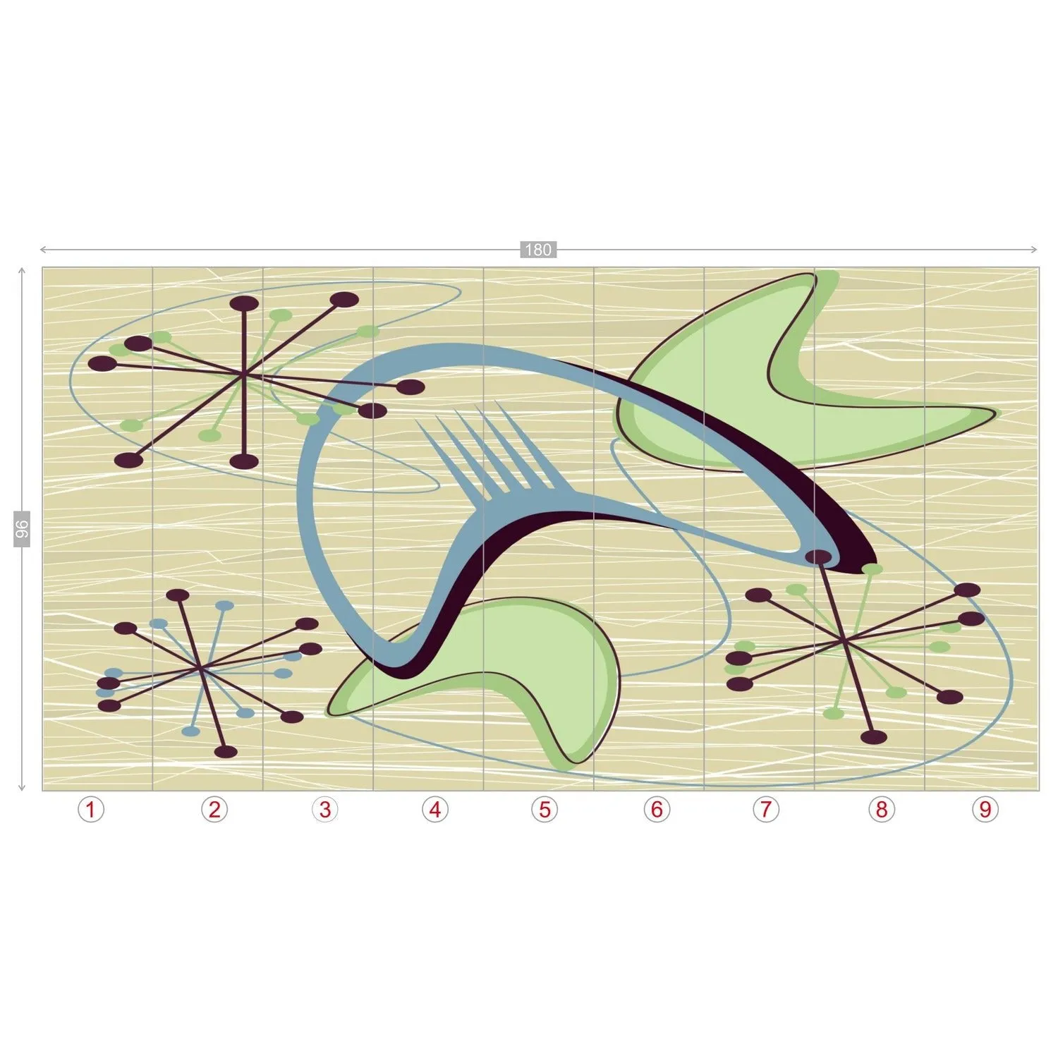Mid Century Modern Boomerang Wall Mural, Retro Atomic Starburst Peel and Stick Wallpaper, Green Blue Beige 50s Decor