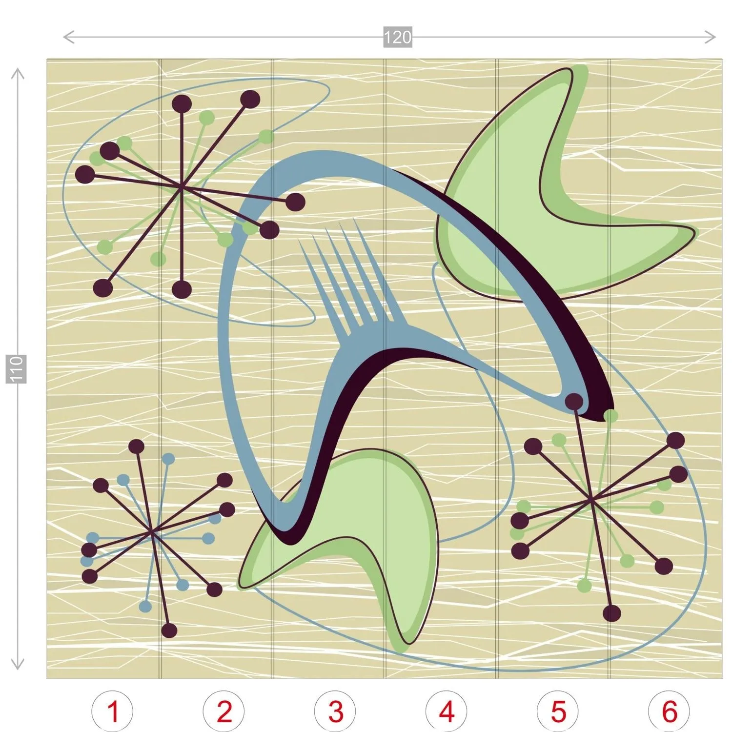 Mid Century Modern Boomerang Wall Mural, Retro Atomic Starburst Peel and Stick Wallpaper, Green Blue Beige 50s Decor