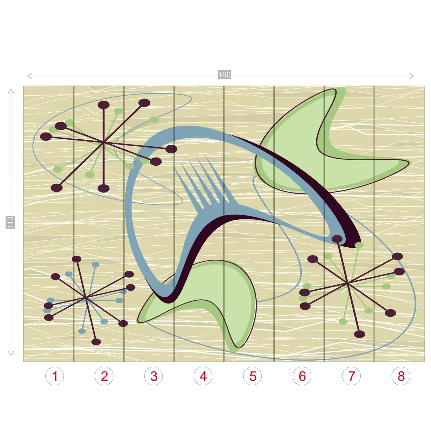 Mid Century Modern Boomerang Wall Mural, Retro Atomic Starburst Peel and Stick Wallpaper, Green Blue Beige 50s Decor
