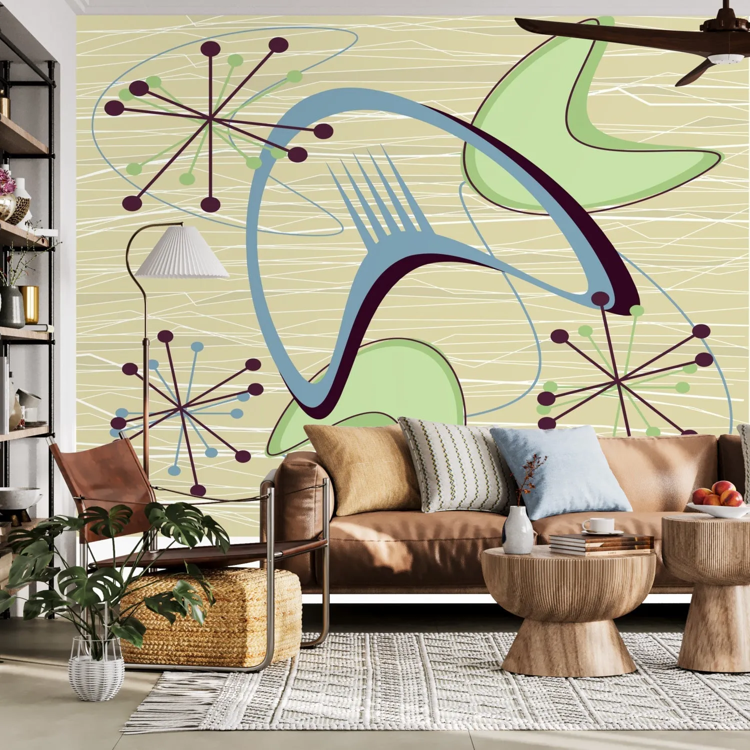 Mid Century Modern Boomerang Wall Mural, Retro Atomic Starburst Peel and Stick Wallpaper, Green Blue Beige 50s Decor