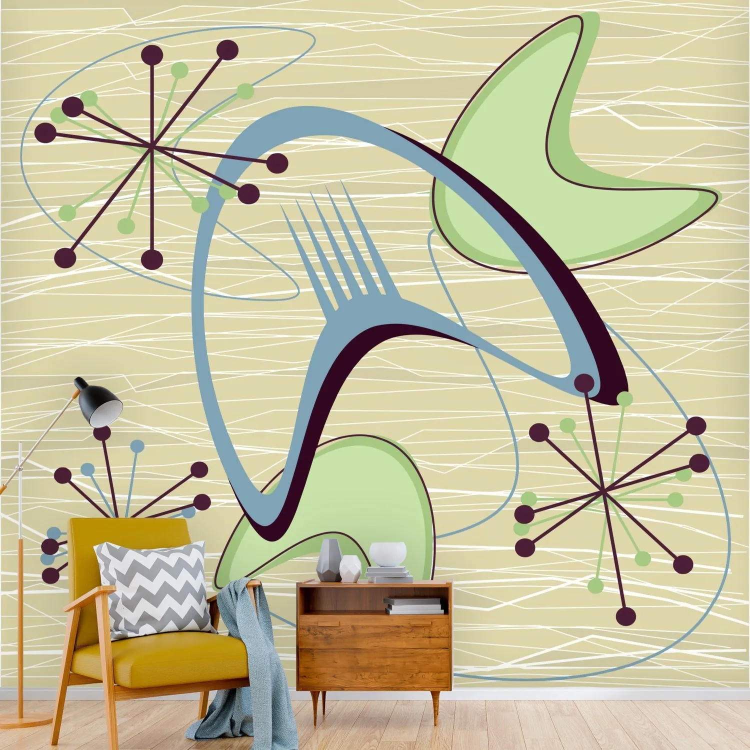 Mid Century Modern Boomerang Wall Mural, Retro Atomic Starburst Peel and Stick Wallpaper, Green Blue Beige 50s Decor