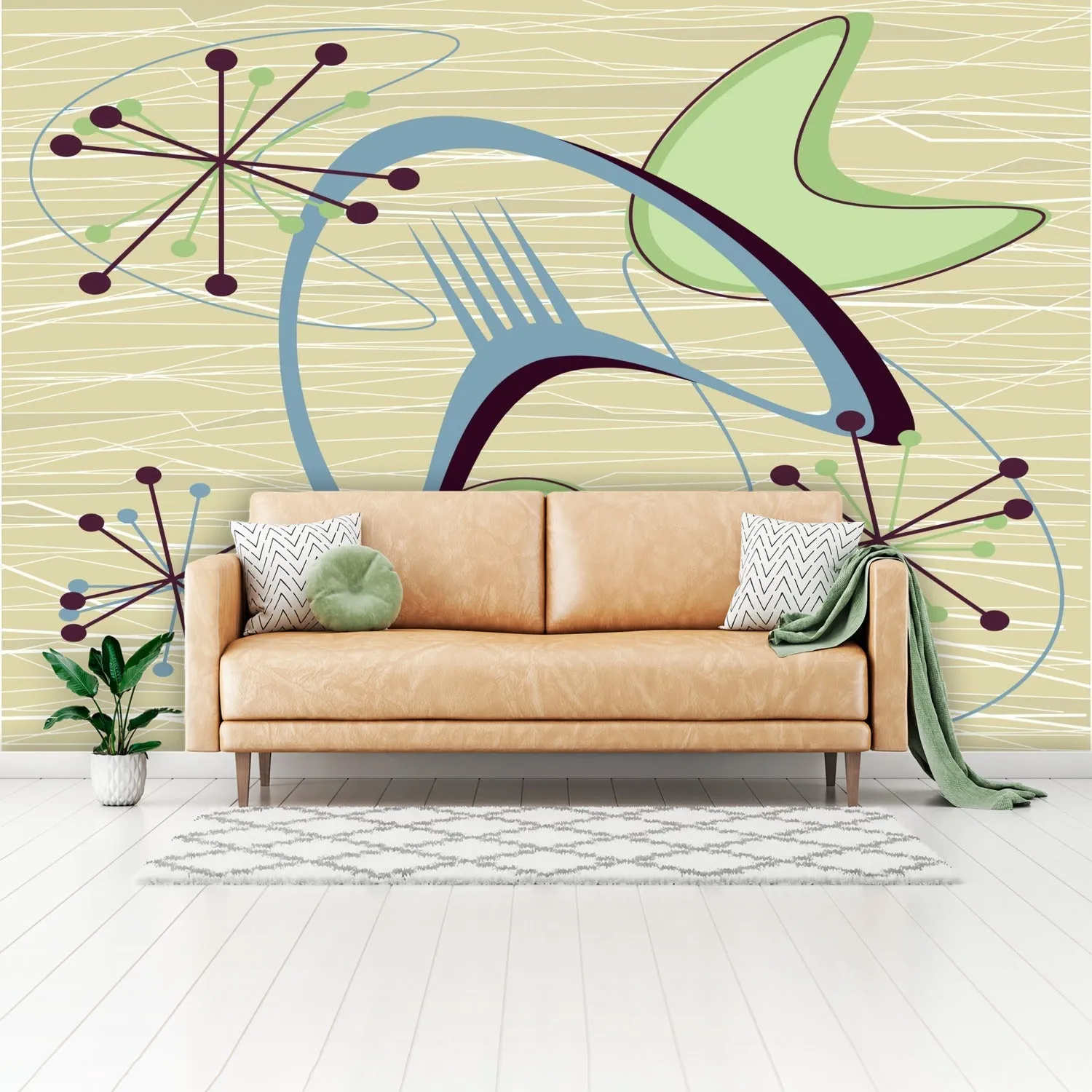 Mid Century Modern Boomerang Wall Mural, Retro Atomic Starburst Peel and Stick Wallpaper, Green Blue Beige 50s Decor