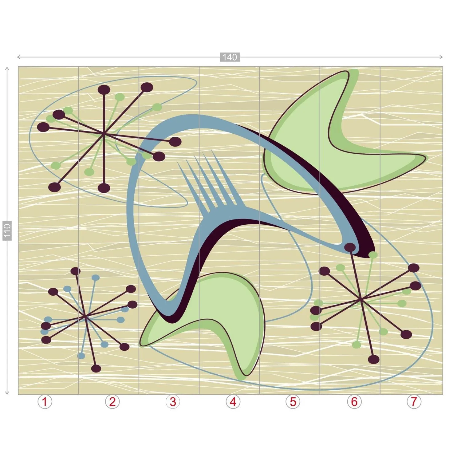 Mid Century Modern Boomerang Wall Mural, Retro Atomic Starburst Peel and Stick Wallpaper, Green Blue Beige 50s Decor