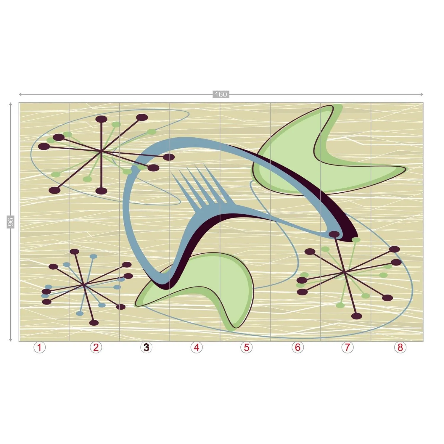 Mid Century Modern Boomerang Wall Mural, Retro Atomic Starburst Peel and Stick Wallpaper, Green Blue Beige 50s Decor