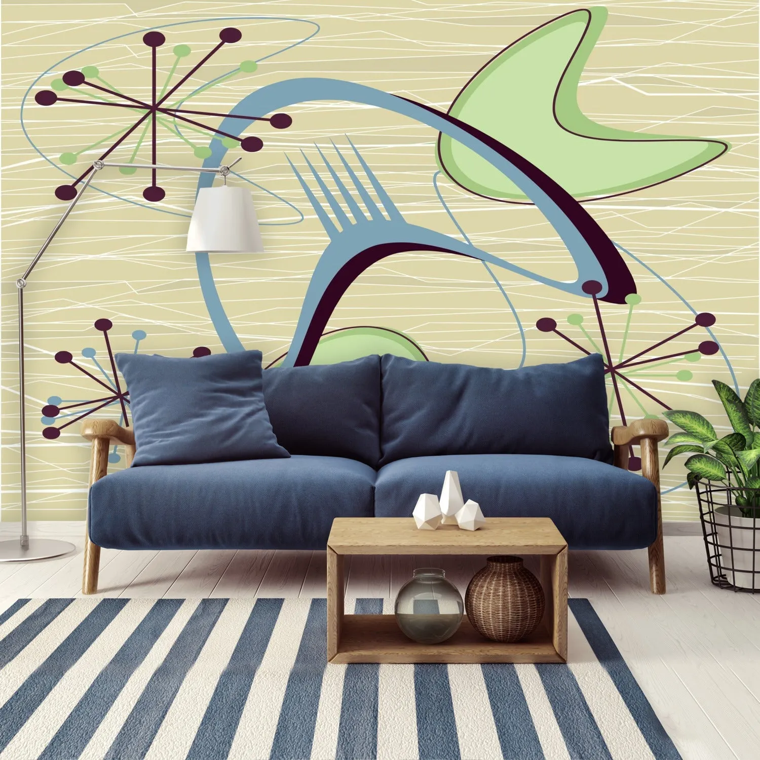 Mid Century Modern Boomerang Wall Mural, Retro Atomic Starburst Peel and Stick Wallpaper, Green Blue Beige 50s Decor