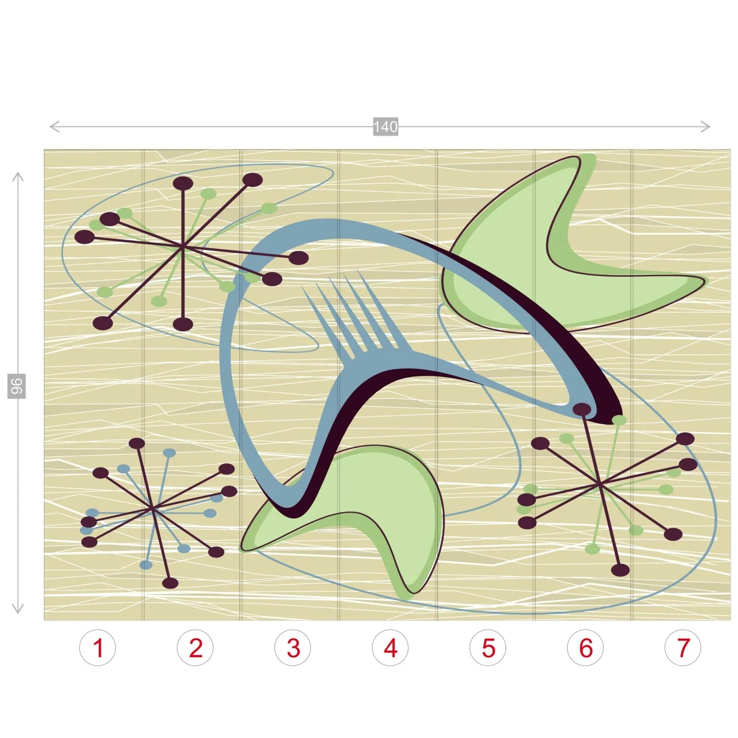 Mid Century Modern Boomerang Wall Mural, Retro Atomic Starburst Peel and Stick Wallpaper, Green Blue Beige 50s Decor