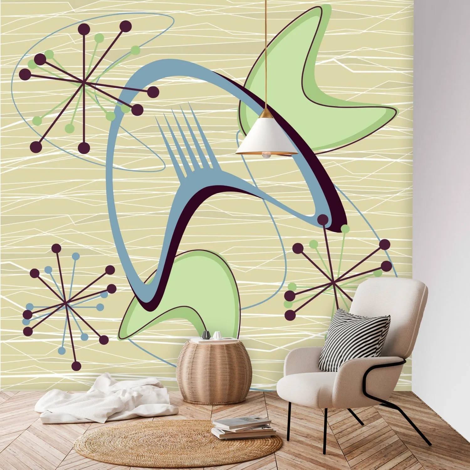 Mid Century Modern Boomerang Wall Mural, Retro Atomic Starburst Peel and Stick Wallpaper, Green Blue Beige 50s Decor