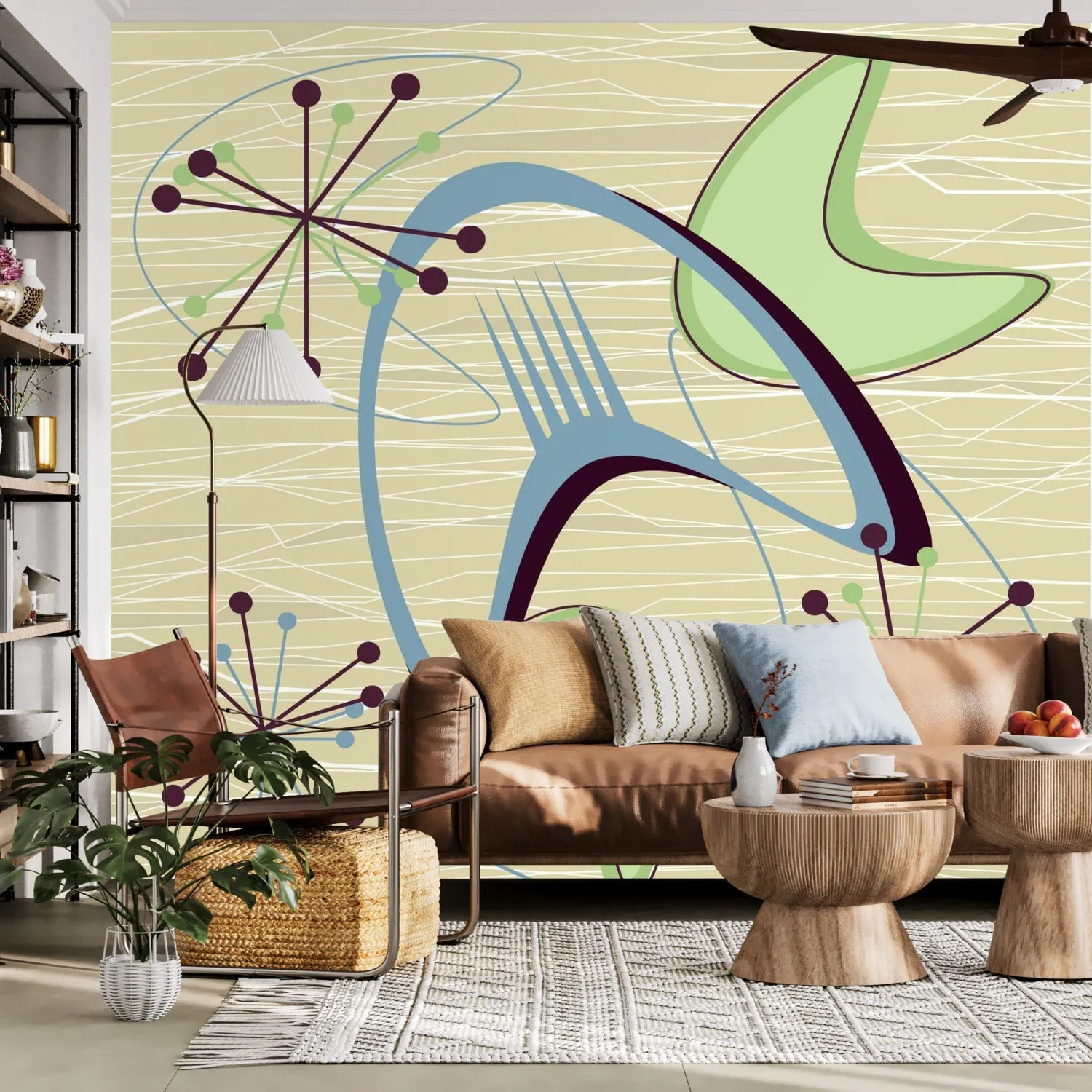 Mid Century Modern Boomerang Wall Mural, Retro Atomic Starburst Peel and Stick Wallpaper, Green Blue Beige 50s Decor