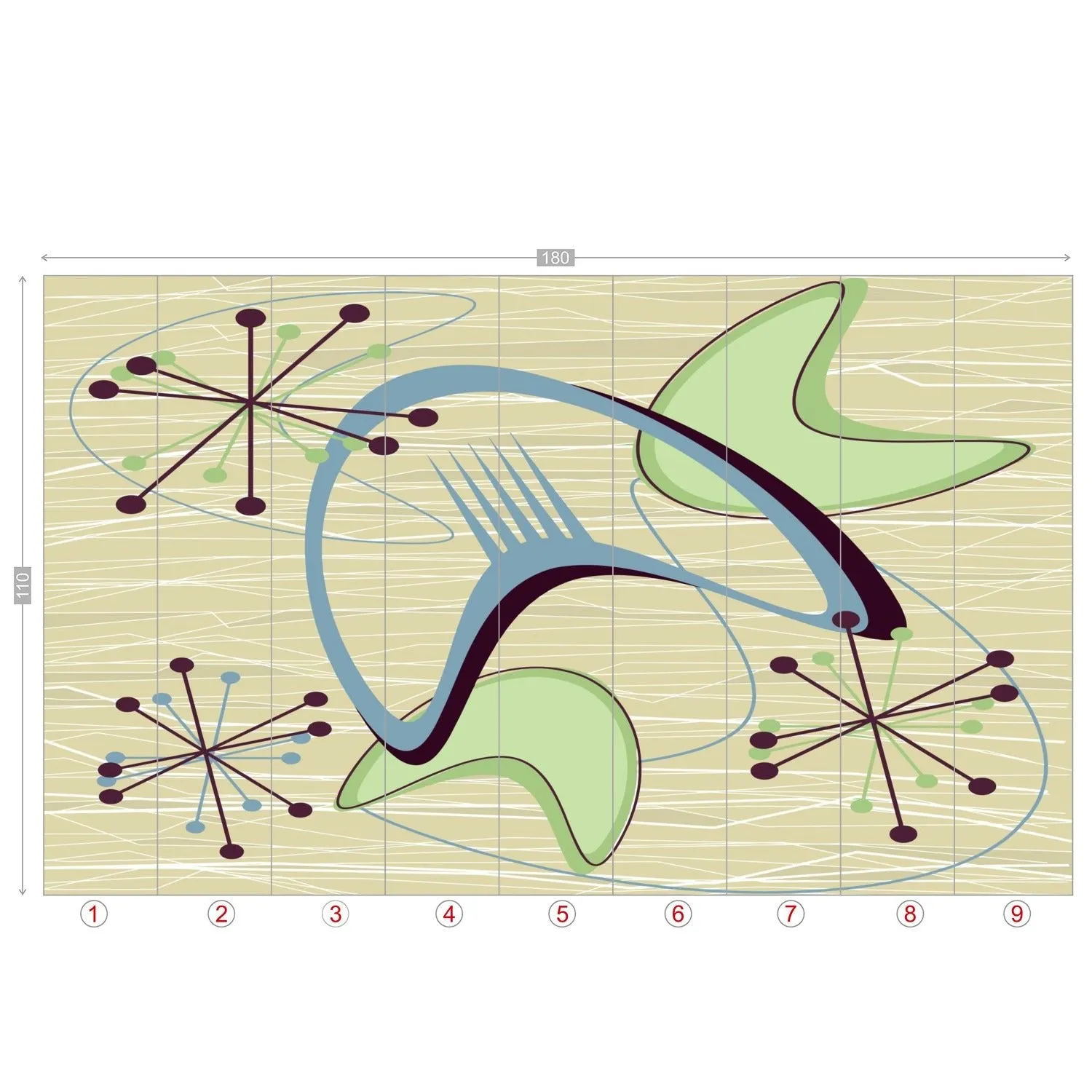 Mid Century Modern Boomerang Wall Mural, Retro Atomic Starburst Peel and Stick Wallpaper, Green Blue Beige 50s Decor