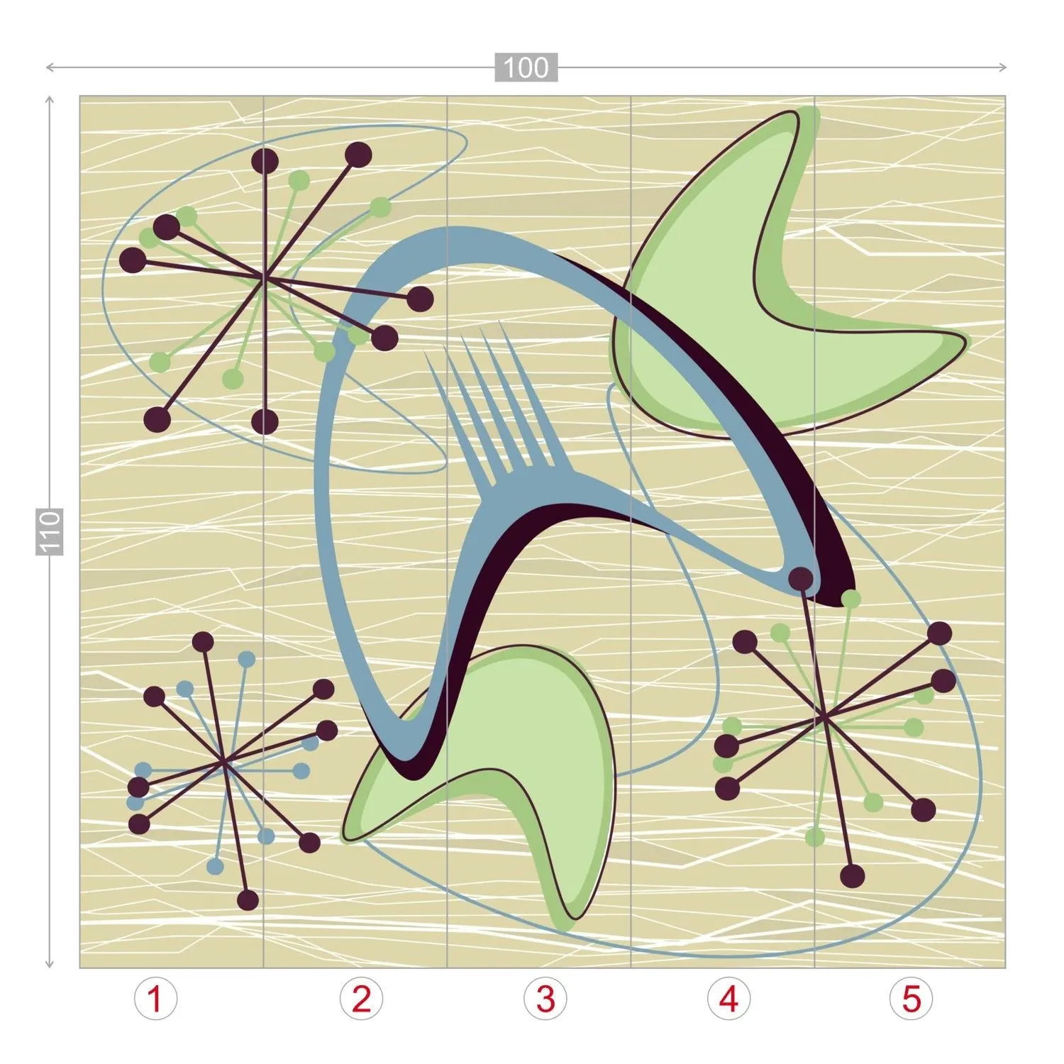 Mid Century Modern Boomerang Wall Mural, Retro Atomic Starburst Peel and Stick Wallpaper, Green Blue Beige 50s Decor