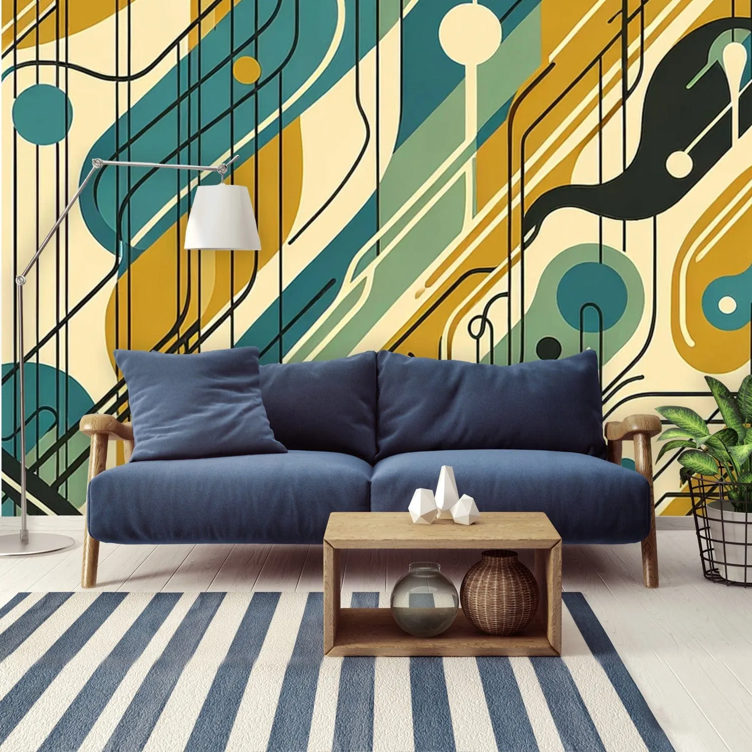 Mid Century Wallpaper, 60's Design, Green, Teal, Black, Abstract Peel And Stick Wall Murals