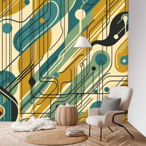 Mid Century Wallpaper, 60's Design, Green, Teal, Black, Abstract Peel And Stick Wall Murals