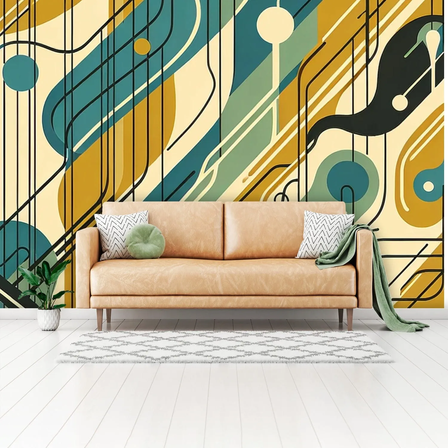 Mid Century Wallpaper, 60's Design, Green, Teal, Black, Abstract Peel And Stick Wall Murals