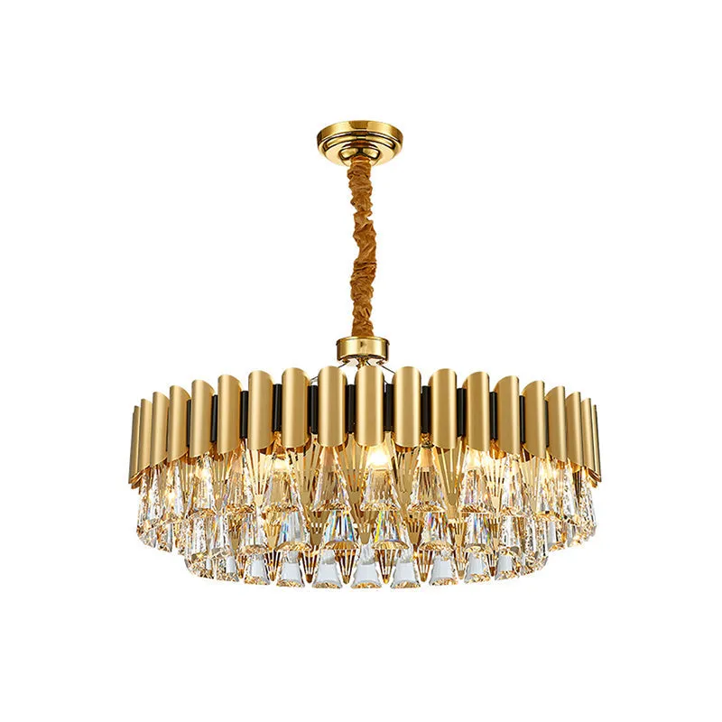 Minimalist Gold Tiered Chandelier with Tri-Prism Crystal - Living Room Pendant Light