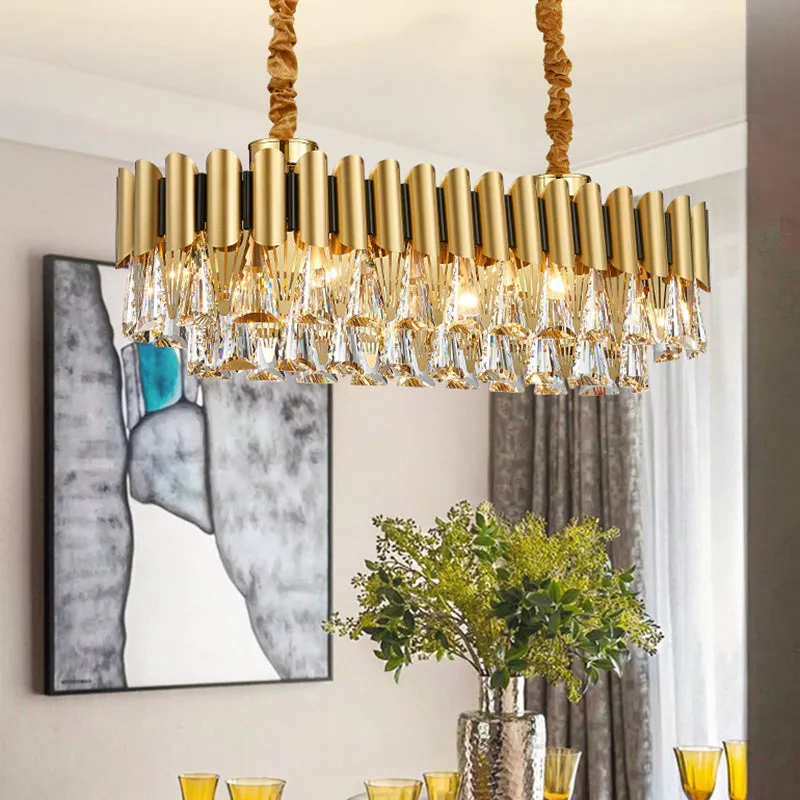 Minimalist Gold Tiered Chandelier with Tri-Prism Crystal - Living Room Pendant Light