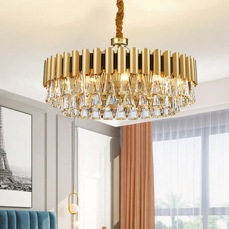 Minimalist Gold Tiered Chandelier with Tri-Prism Crystal - Living Room Pendant Light