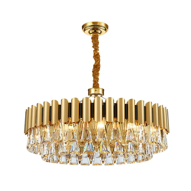 Minimalist Gold Tiered Chandelier with Tri-Prism Crystal - Living Room Pendant Light