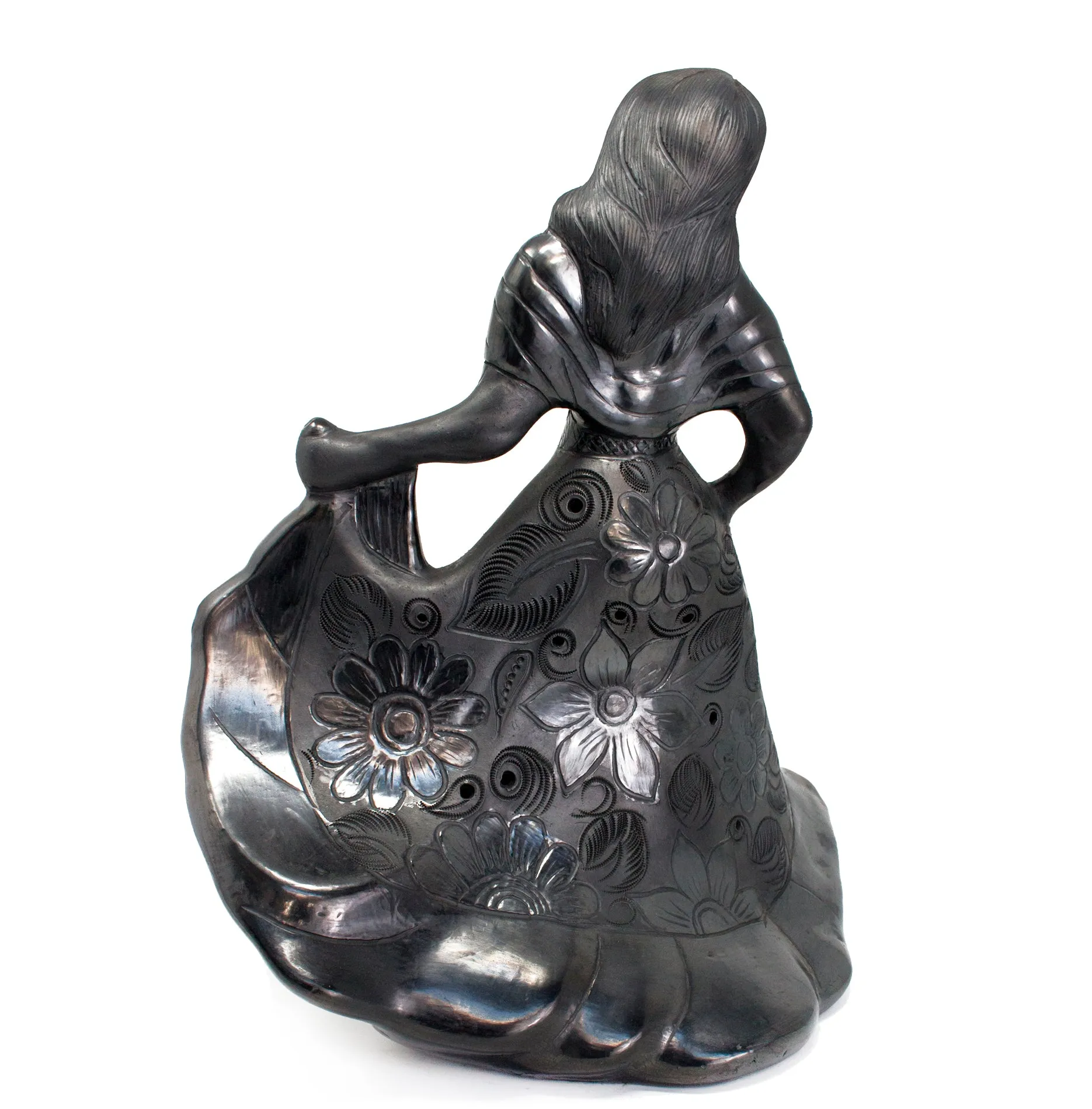 Mixteca Woman with Flower Covered Skirt Sculpture, Oaxaca Black Clay