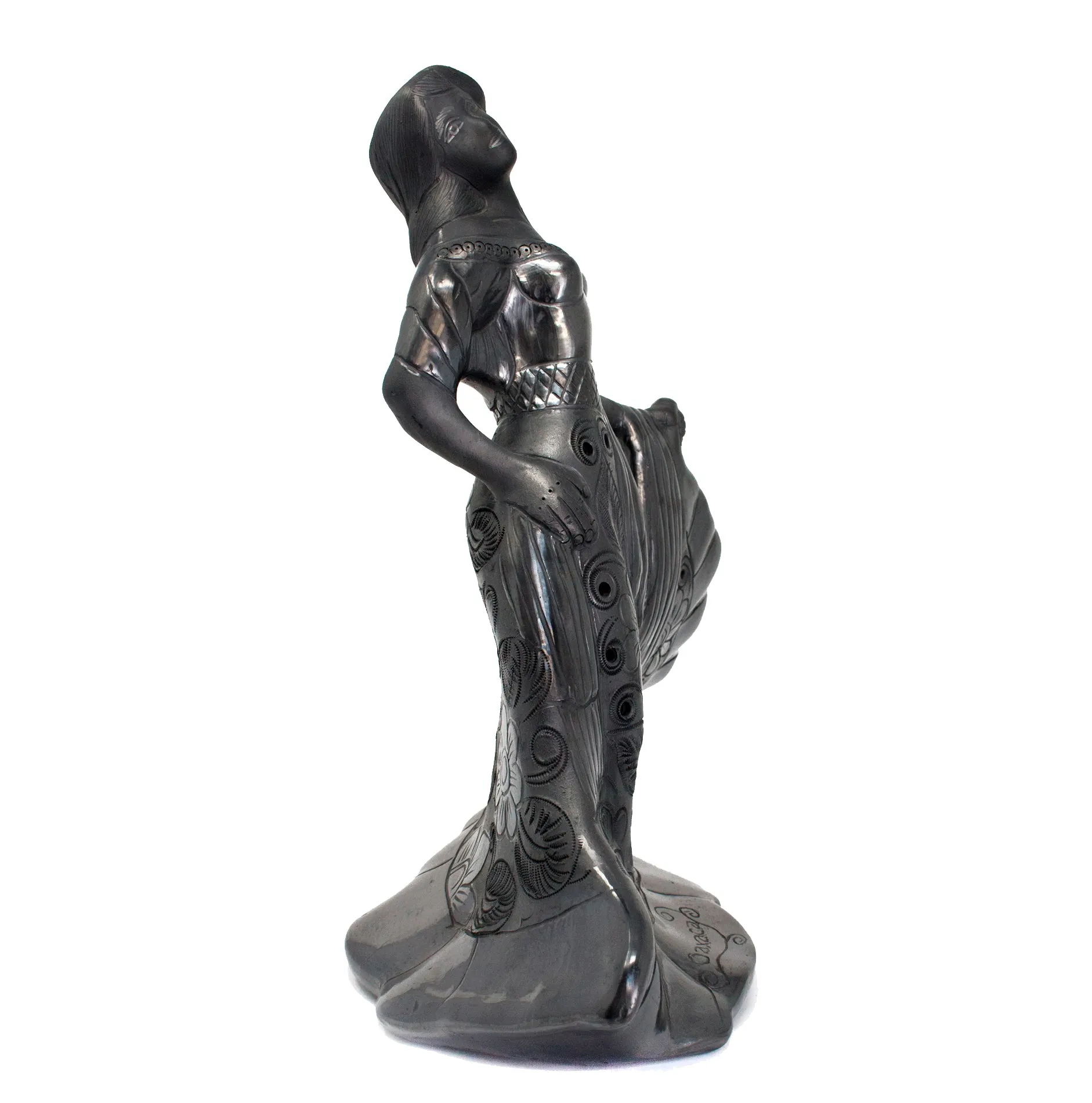 Mixteca Woman with Flower Covered Skirt Sculpture, Oaxaca Black Clay