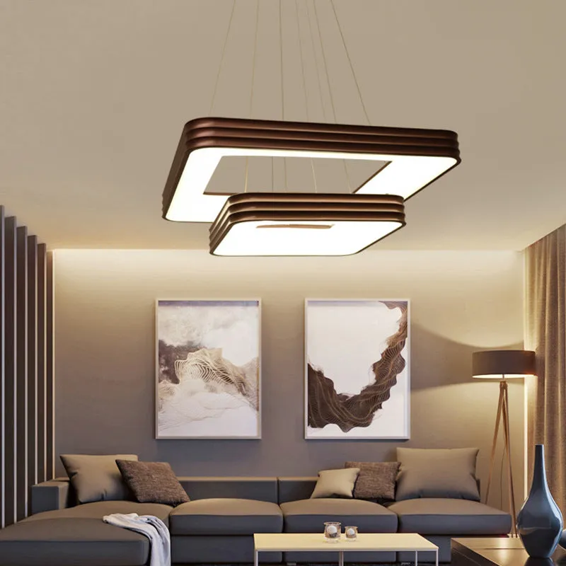 Modern 2-Tier Square Metal LED Chandelier Lamp - Brown Ceiling Fixture for Living Room, White/Warm/Natural Light