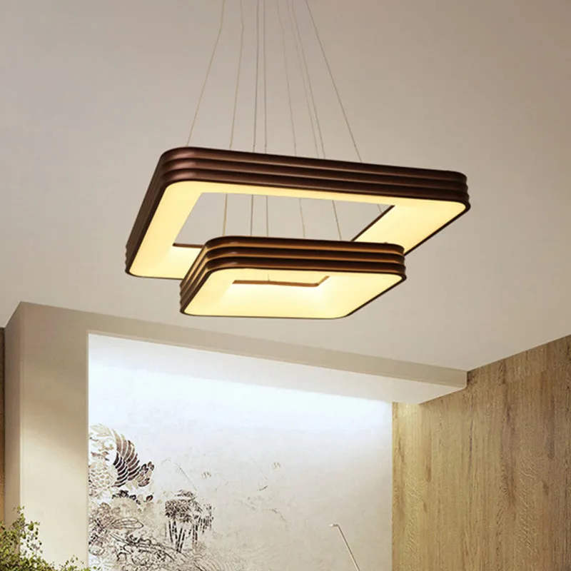 Modern 2-Tier Square Metal LED Chandelier Lamp - Brown Ceiling Fixture for Living Room, White/Warm/Natural Light