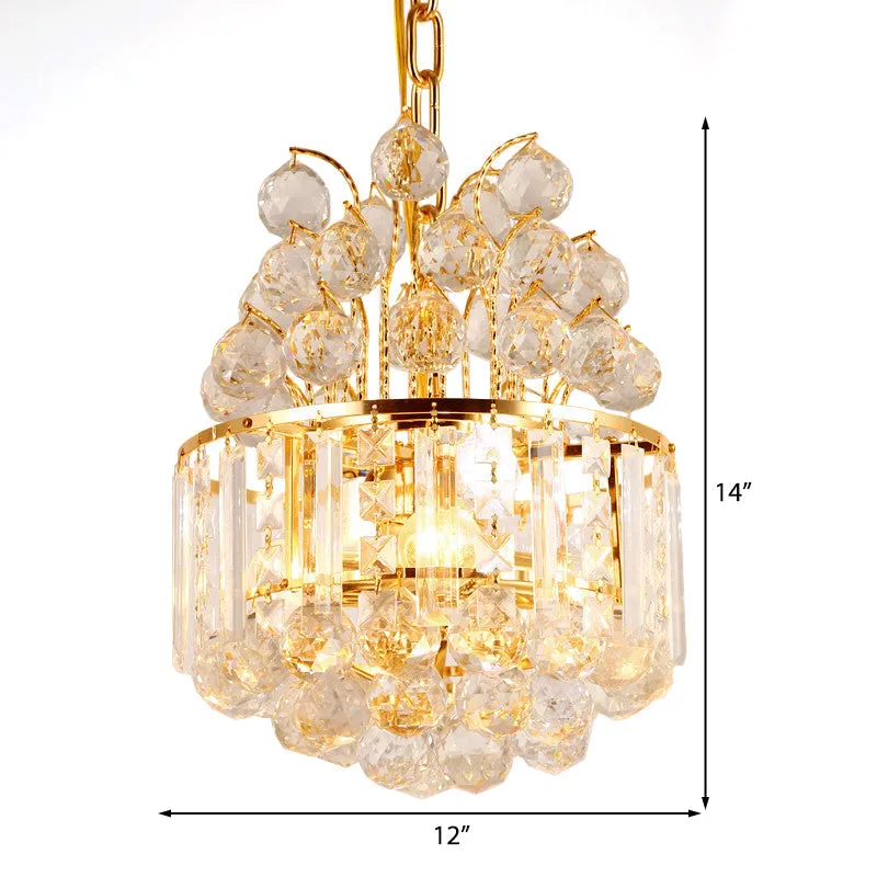 Modern Crystal Drum Chandelier: Elegant 3-Light Gold Ceiling Fixture for Dining Room