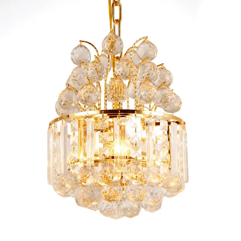Modern Crystal Drum Chandelier: Elegant 3-Light Gold Ceiling Fixture for Dining Room