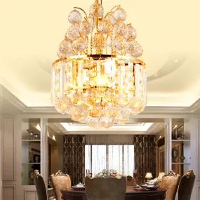 Modern Crystal Drum Chandelier: Elegant 3-Light Gold Ceiling Fixture for Dining Room