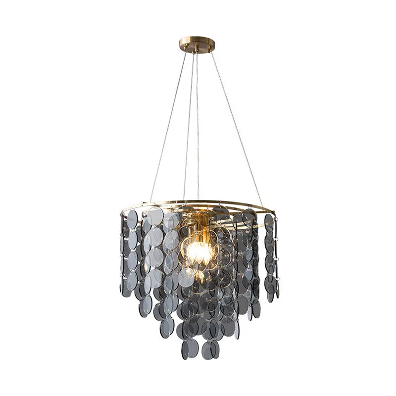Modern Gold Taper Chandelier Lamp with Circular-Crystal Strands - 6 Heads - Great Room Hanging Light