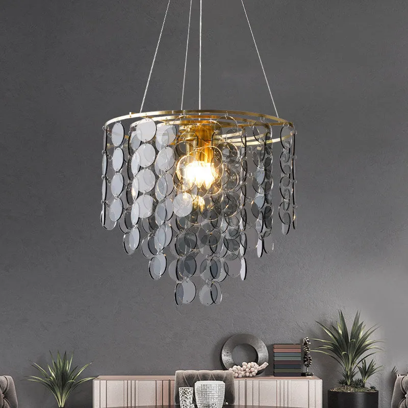 Modern Gold Taper Chandelier Lamp with Circular-Crystal Strands - 6 Heads - Great Room Hanging Light