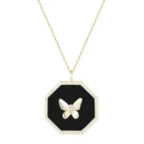 Octagon Butterfly Medallion Necklace - Black Enamel