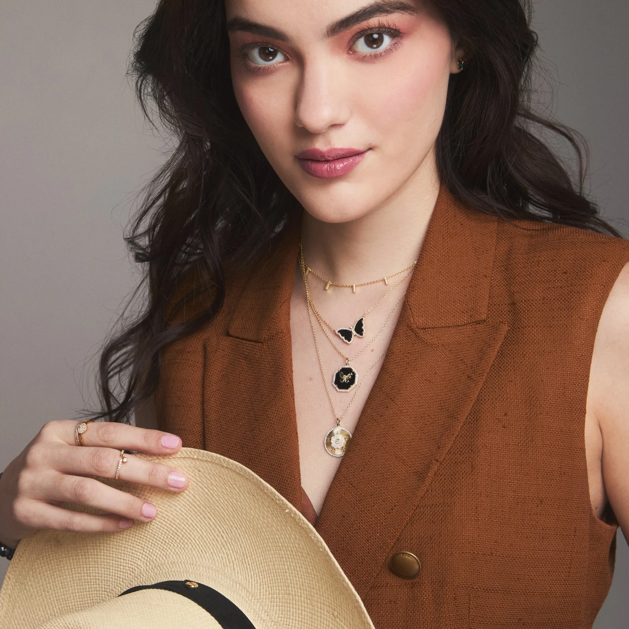 Octagon Butterfly Medallion Necklace - Black Enamel