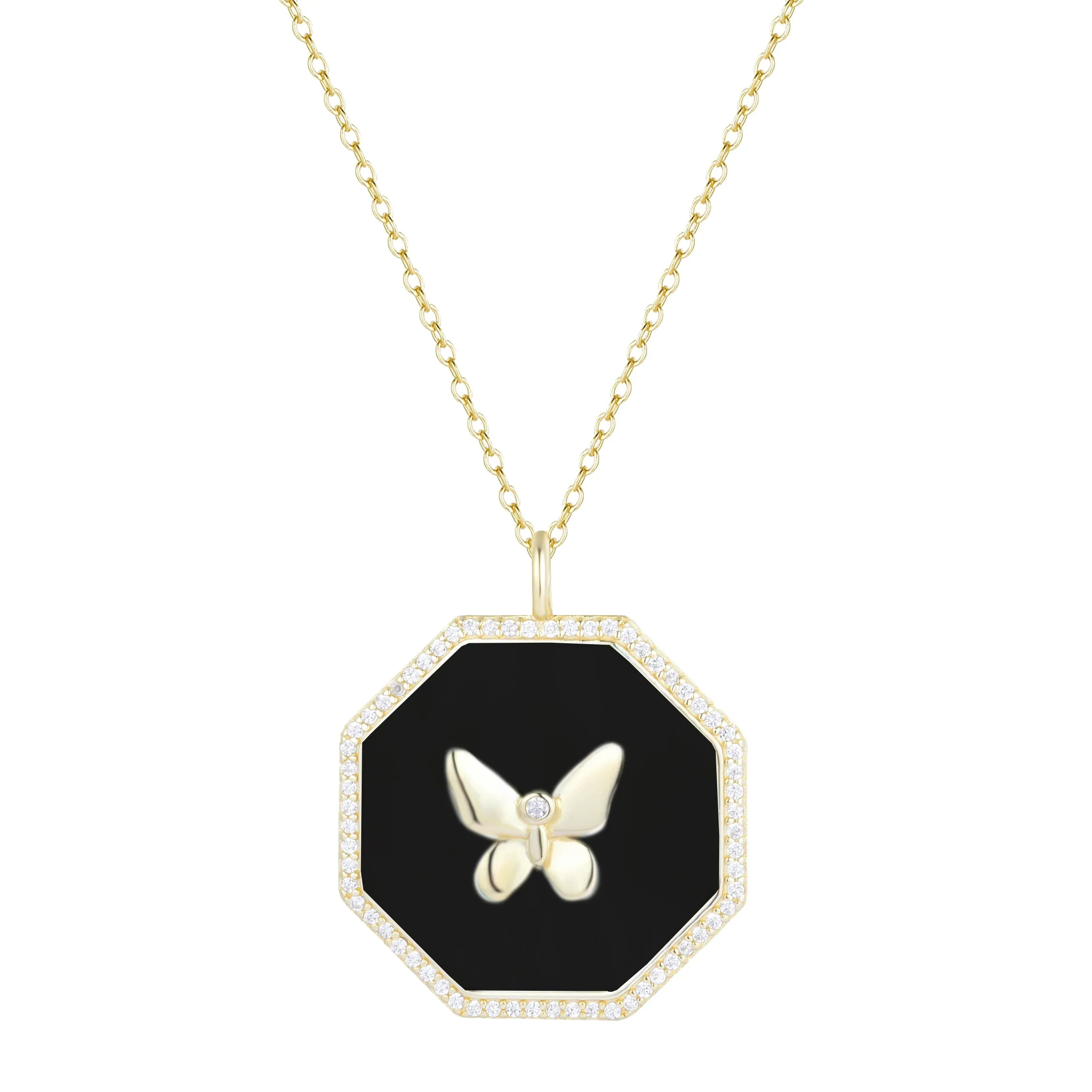 Octagon Butterfly Medallion Necklace - Black Enamel