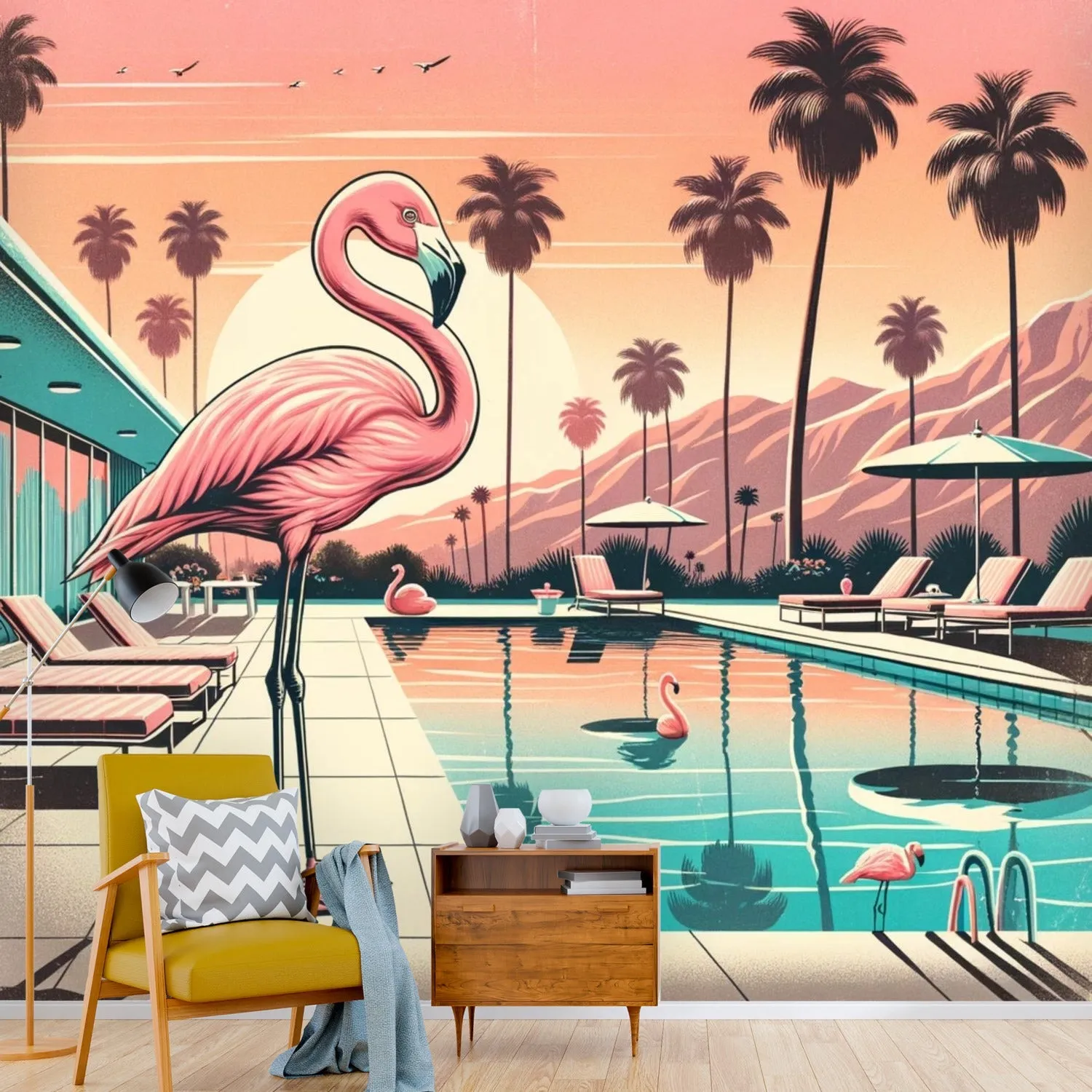 Palm Springs,California, Vintage Inspired Kitschy 50s Flamingos Wall Murals