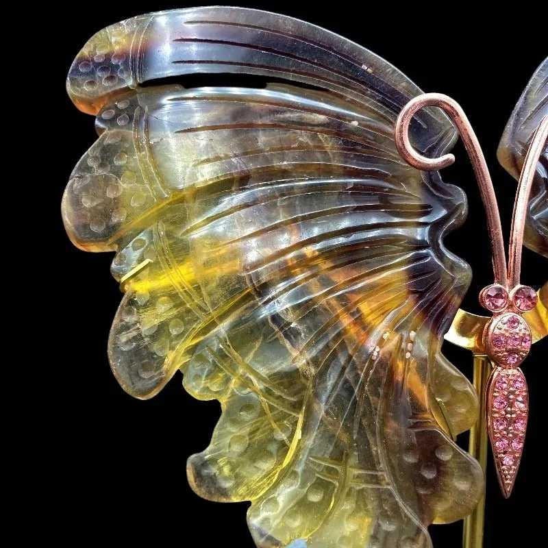 Polished Purple And Yellow Fluorite Butterfly On Stand