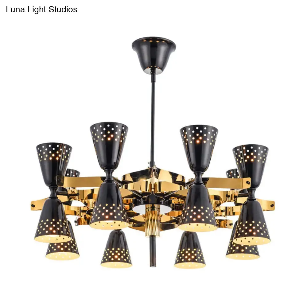 Postmodern 16-Light Iron Hourglass Chandelier - Gold and Black