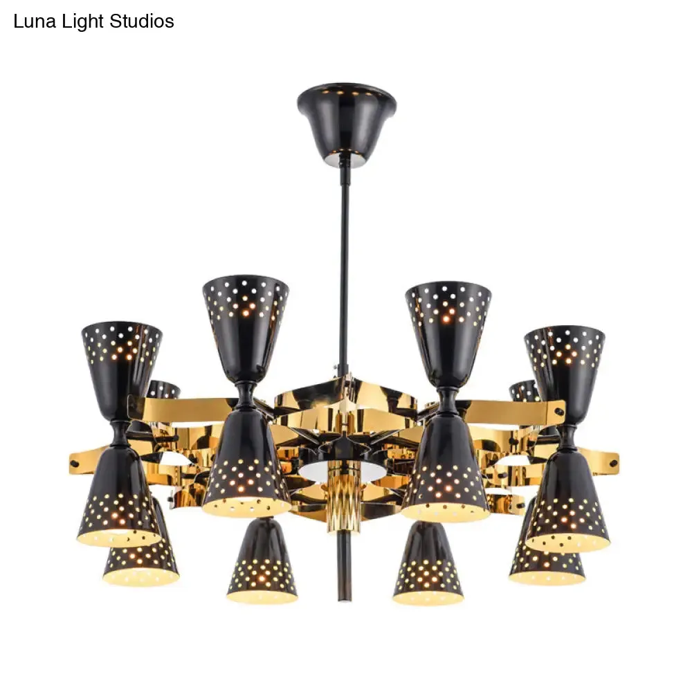 Postmodern 16-Light Iron Hourglass Chandelier - Gold and Black
