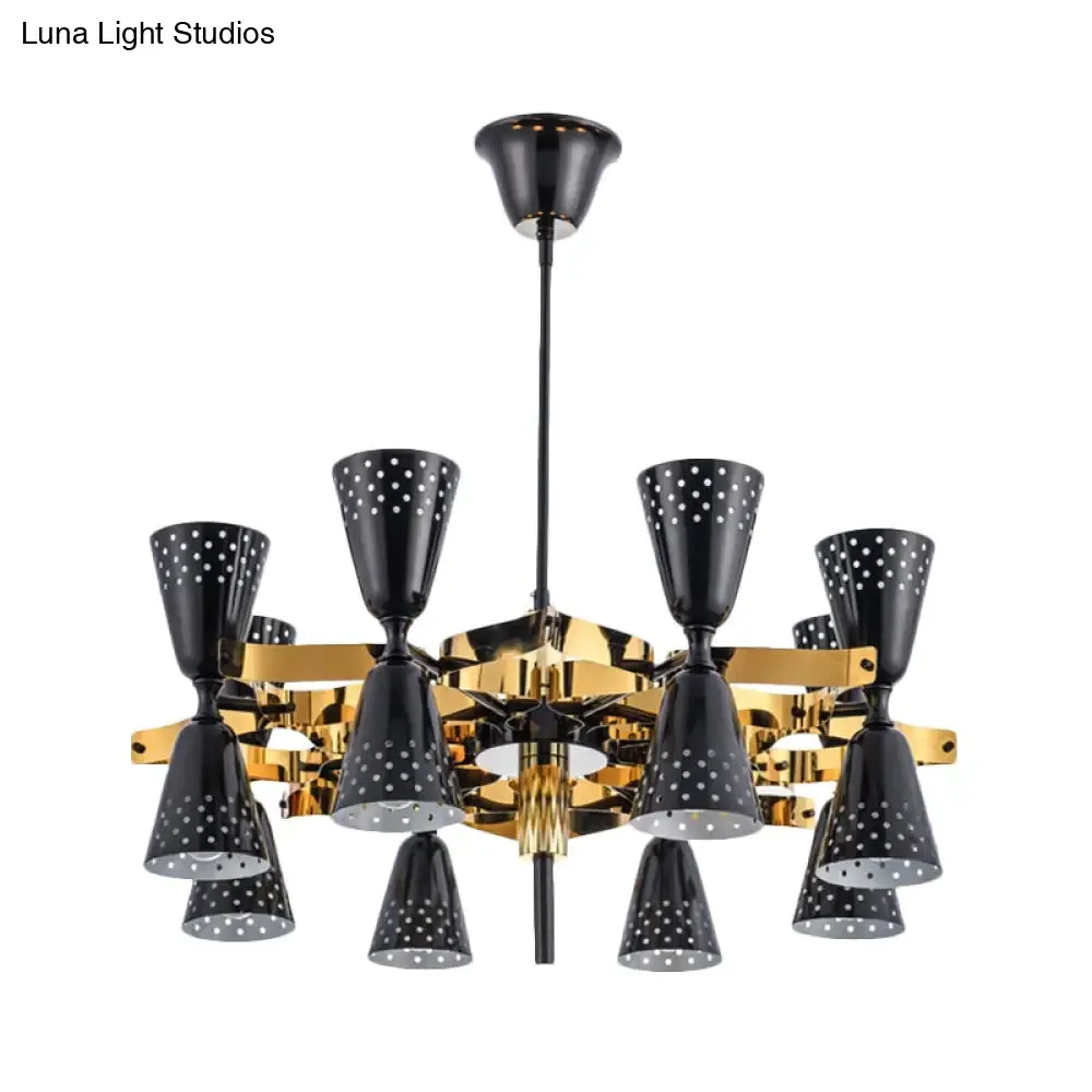 Postmodern 16-Light Iron Hourglass Chandelier - Gold and Black