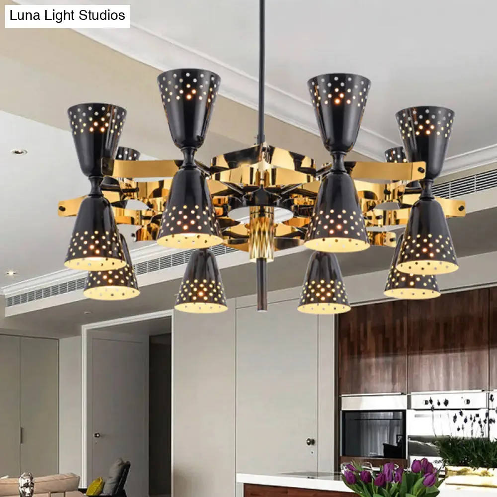 Postmodern 16-Light Iron Hourglass Chandelier - Gold and Black