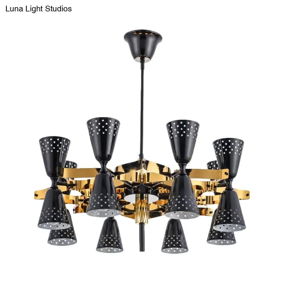Postmodern 16-Light Iron Hourglass Chandelier - Gold and Black