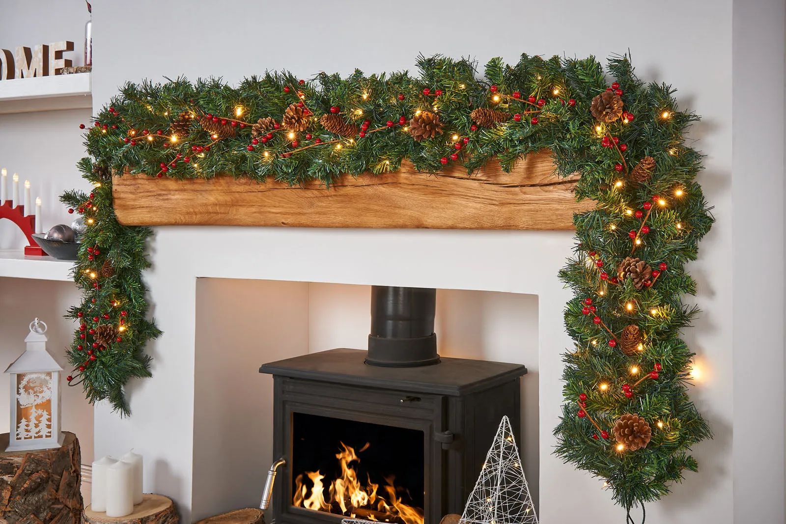 Pre-Lit Extra Thick Mixed Pine Garland, Pinecones & Berries, 9 ft
